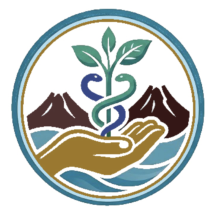 IHS emblem line art — caduceus, volcanic peaks, and ocean